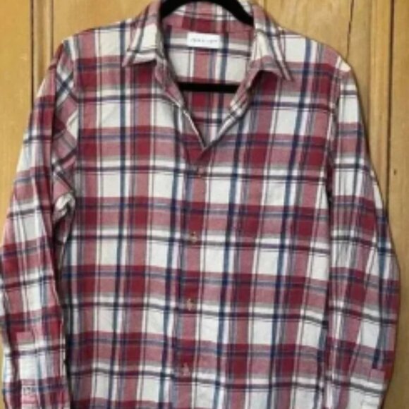 John Elliott Mens Plaid Linen Cotton Shirt Size 2 Medium Red White Blue NEW - Picture 1 of 7